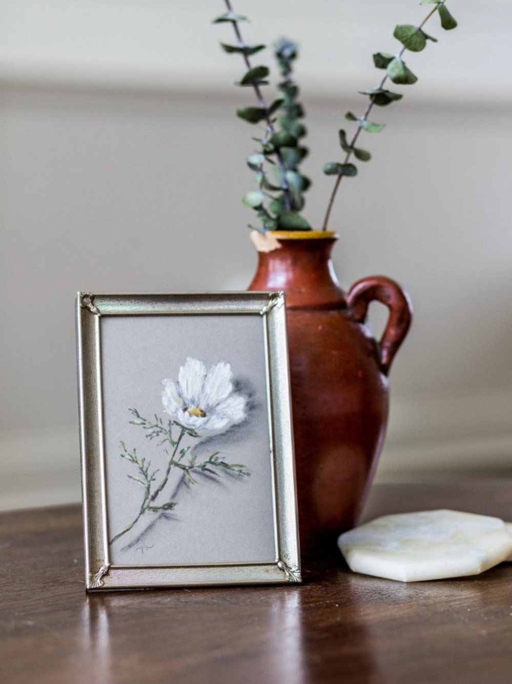 Original Framed Cosmos Chalk Pastel, 5x7 Floral Still Life Art